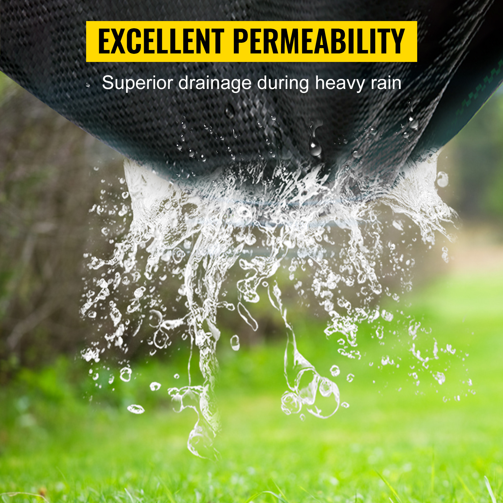 water pouring through VEVOR weed barrier fabric, highlighting excellent permeability.