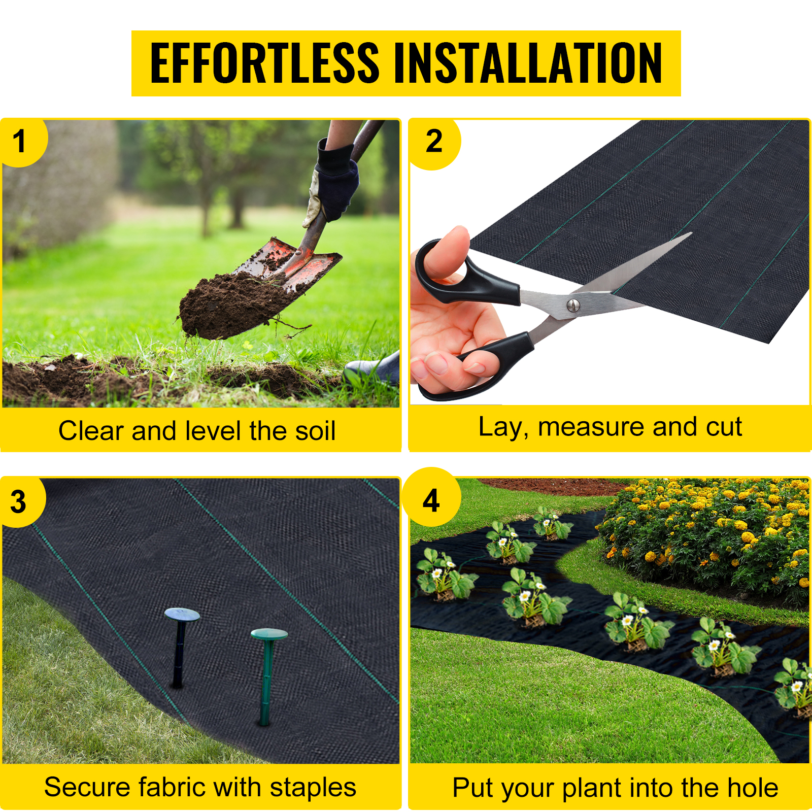 effortless installation of VEVOR weed barrier fabric: prepare soil, cut, secure, plant.