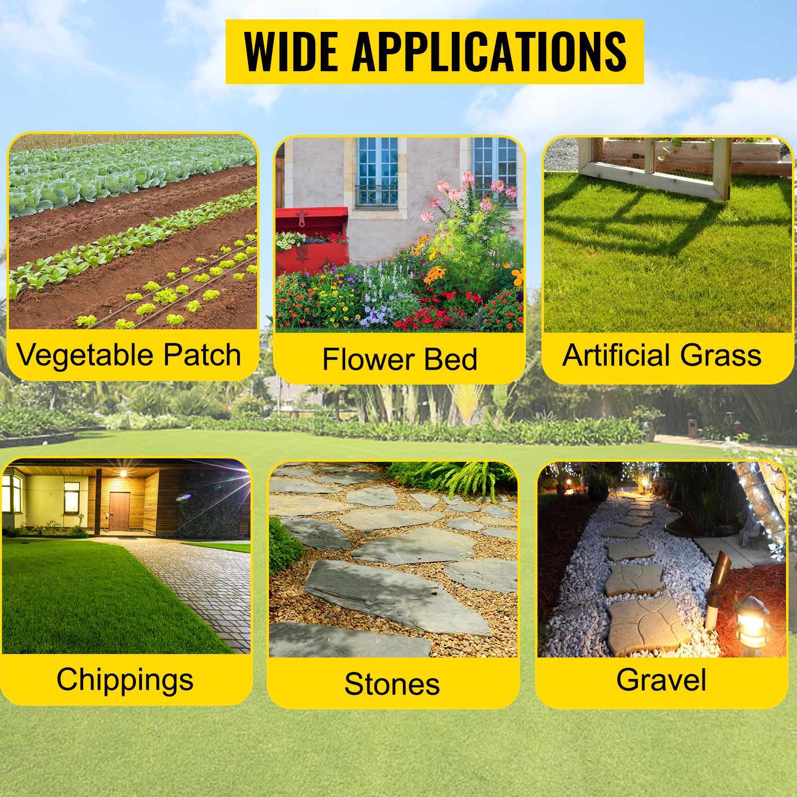 wide applications of VEVOR weed barrier fabric in gardens: patch, bed, grass, gravel.
