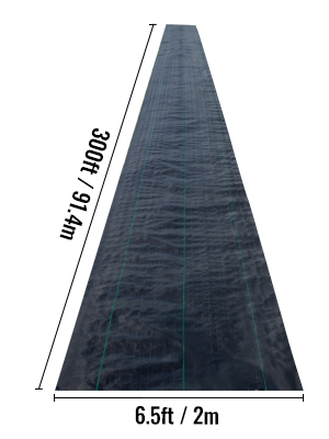 VEVOR weed barrier fabric, 300ft long and 6.5ft wide, with green guidelines.