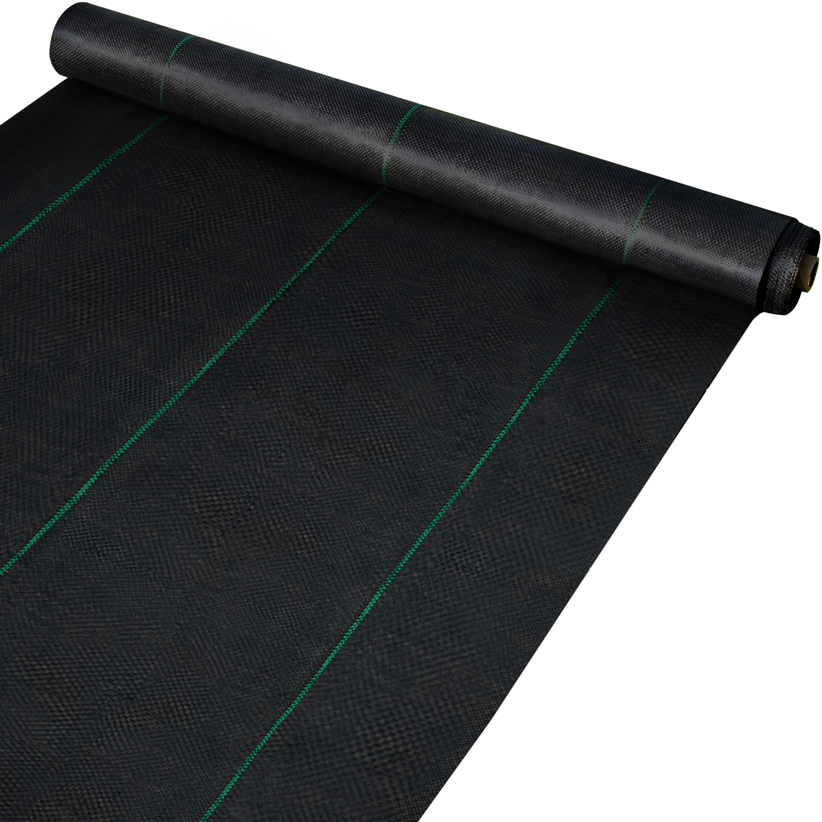 VEVOR weed barrier fabric roll with green guide lines, unrolled on surface.