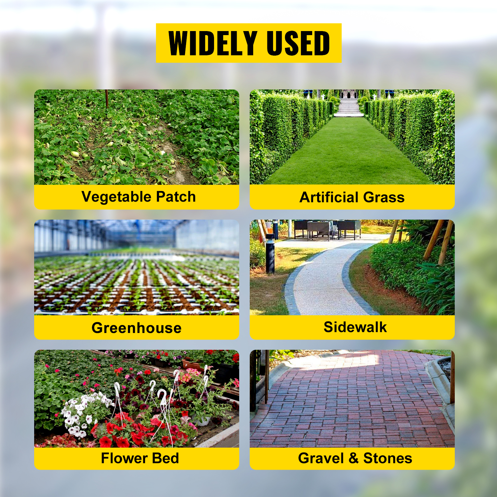 VEVOR weed barrier fabric for vegetable patches, artificial grass, greenhouses, sidewalks, flower beds, and gravel.