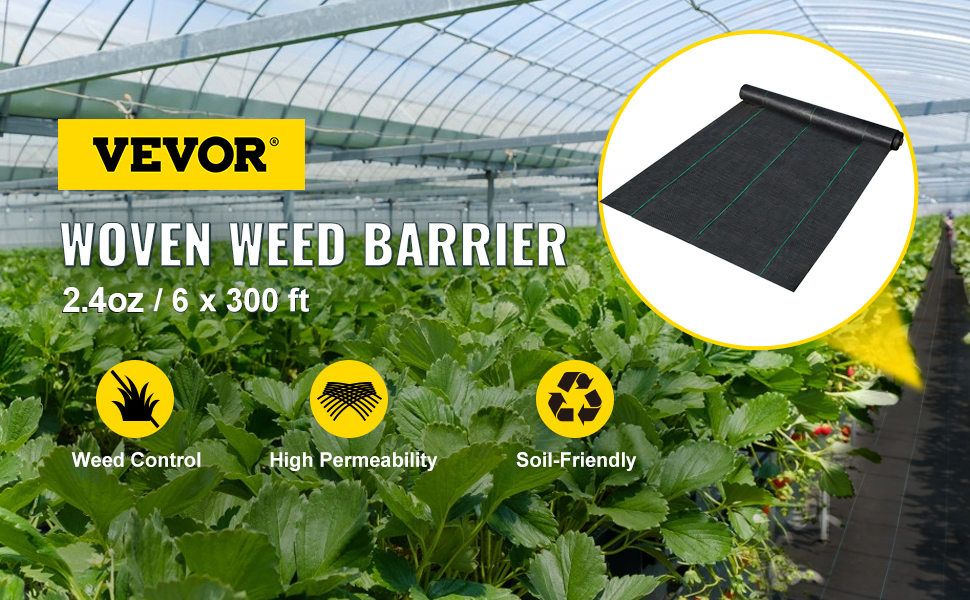 VEVOR weed barrier fabric in greenhouse with features: weed control, high permeability, soil-friendly.