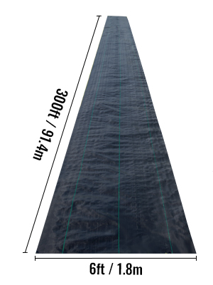 VEVOR weed barrier fabric, 6ft by 30ft roll, black with green guide lines.