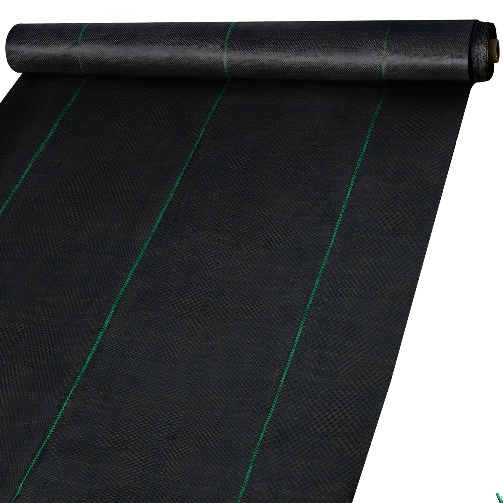 roll of VEVOR weed barrier fabric with green guideline stripes.