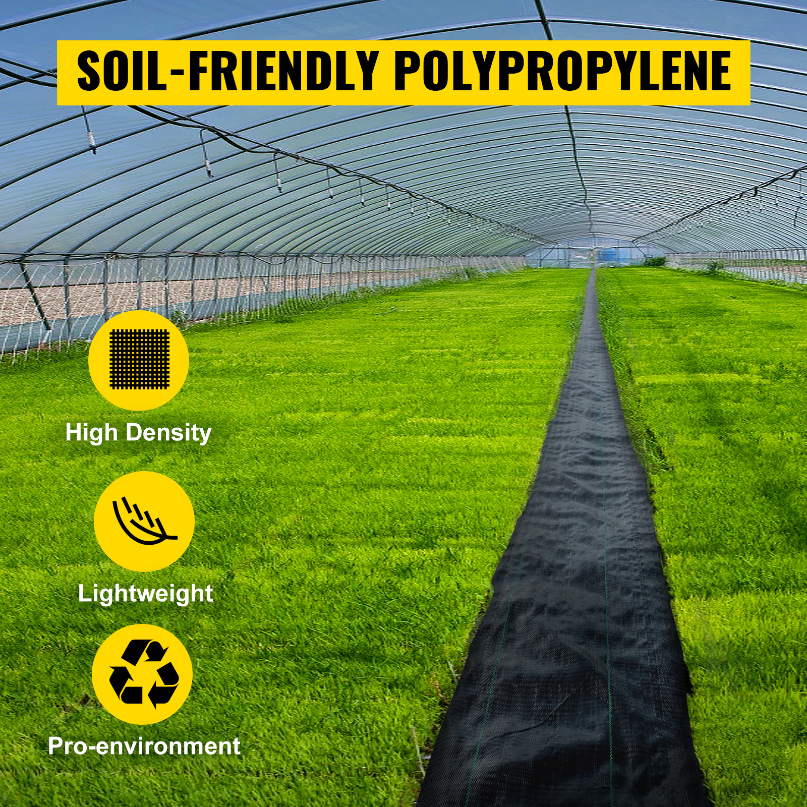 VEVOR weed barrier fabric in a greenhouse with green grass and product benefits.