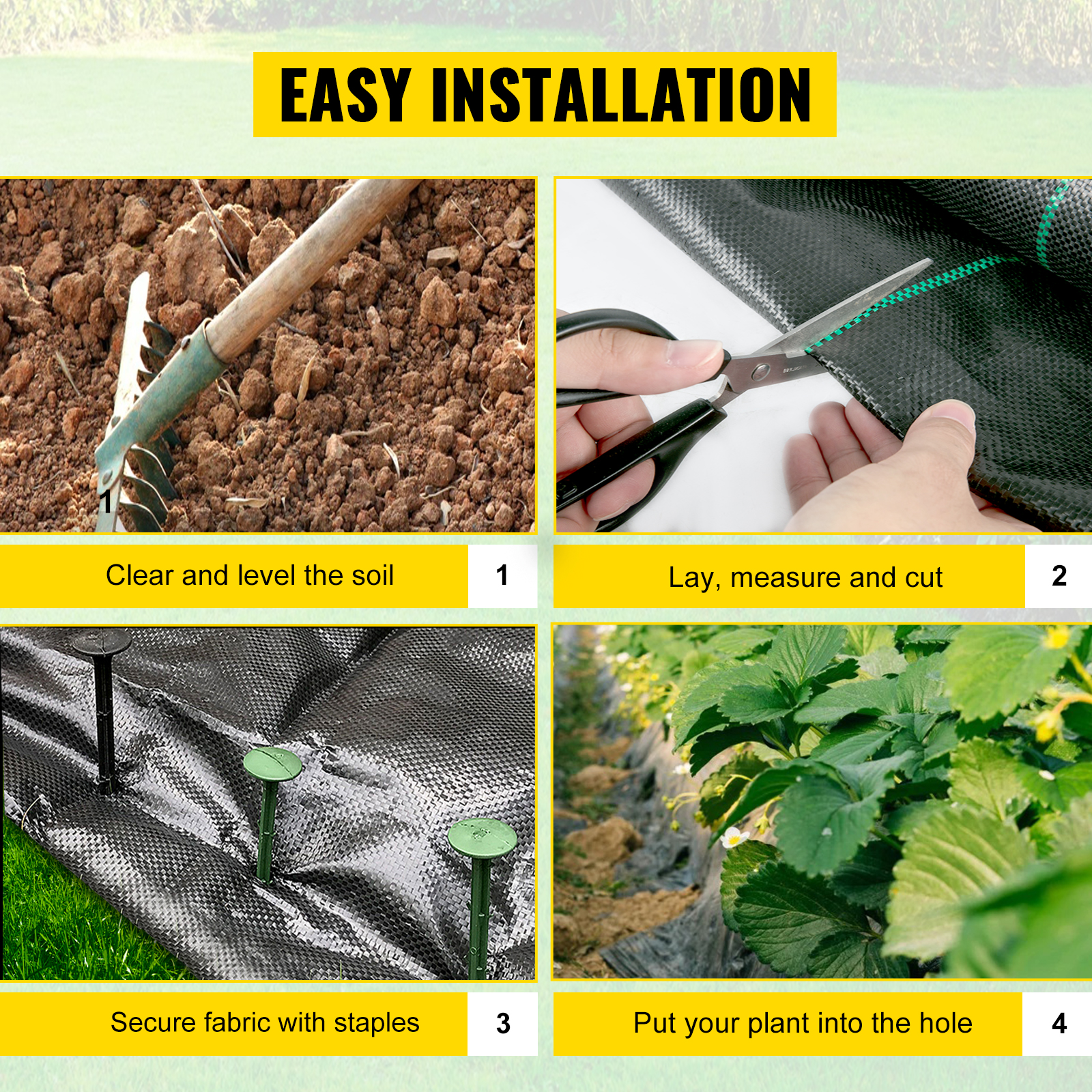 VEVOR weed barrier fabric installation: prepare soil, cut fabric, secure with staples, plant.