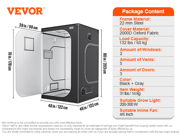 VEVOR grow tent specs with dimensions, steel frame, oxford fabric, vents, windows, doors, and weight capacity.