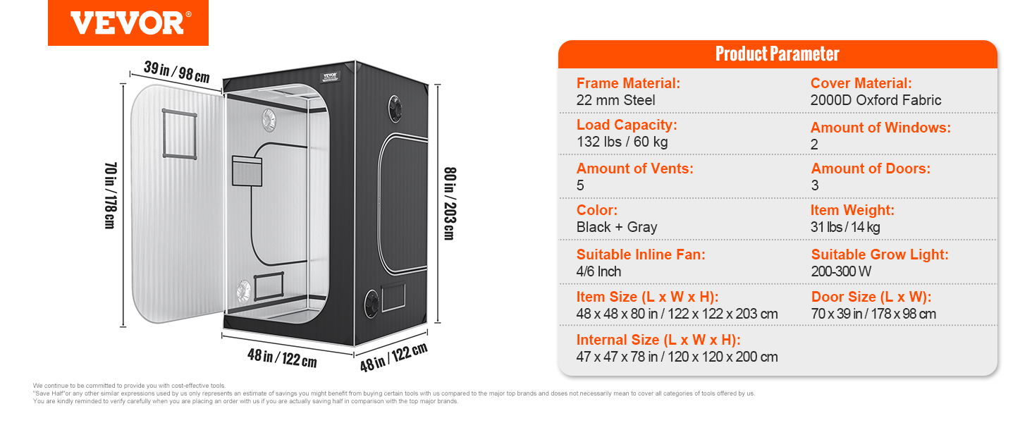 VEVOR grow tent specs with dimensions, steel frame, oxford fabric, vents, windows, doors, and weight capacity.