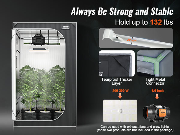 VEVOR grow tent with tearpfoof thicker layer, 22mm metal poles, supporting 132lbs, suitable for 200-300w.