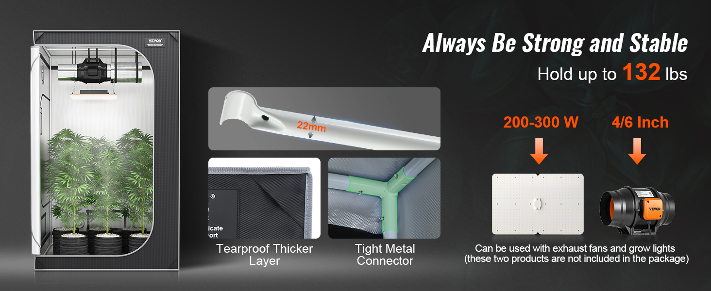 VEVOR grow tent with tearpfoof thicker layer, 22mm metal poles, supporting 132lbs, suitable for 200-300w.