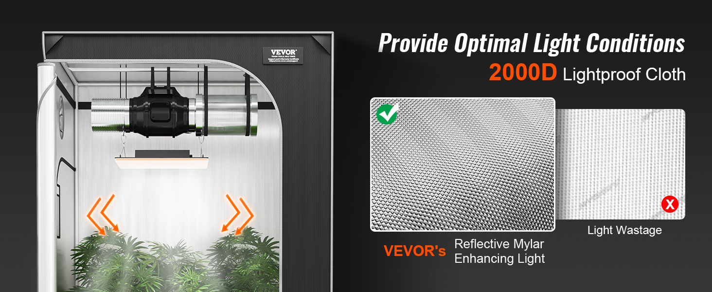 VEVOR grow tent with 2000d lightproof cloth and reflective mylar for optimal light conditions.