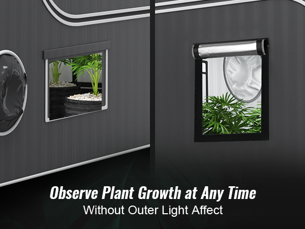 black VEVOR grow tent showing plants inside through observation windows, offering light blockage benefits.