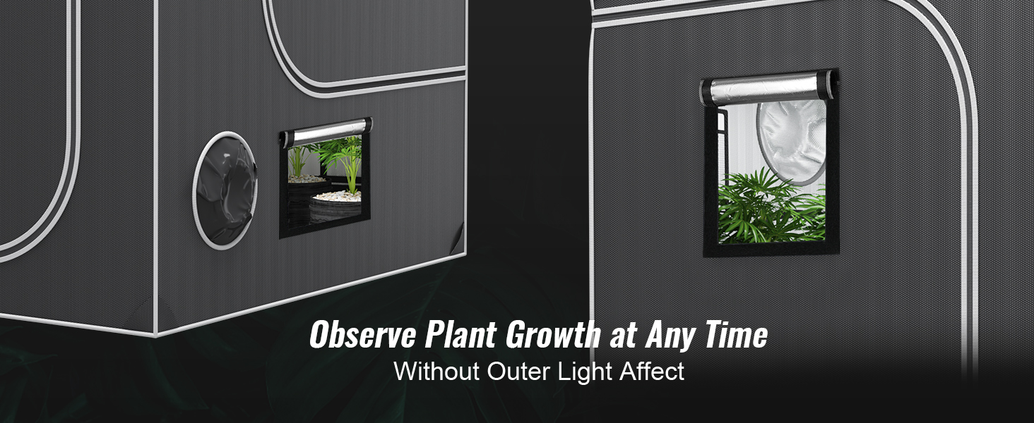 black VEVOR grow tent showing plants inside through observation windows, offering light blockage benefits.