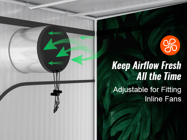 VEVOR grow tent with inline fan, ensuring fresh airflow, adjustable for fitting inline fans.