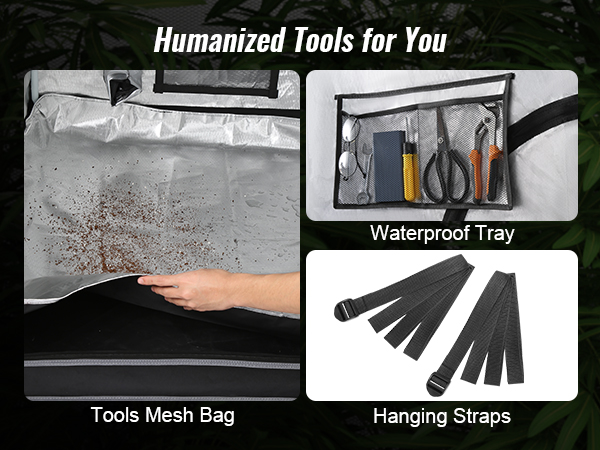 tools mesh bag with assorted tools, waterproof tray, and hanging straps for VEVOR grow tent.