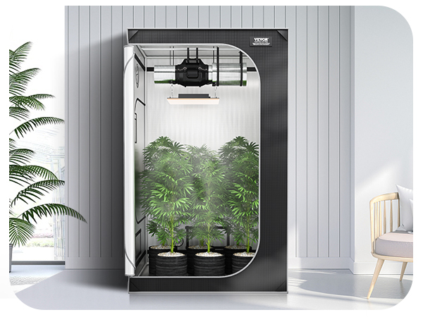 VEVOR grow tent in a modern room with indoor plants, white walls, and minimalist furniture.