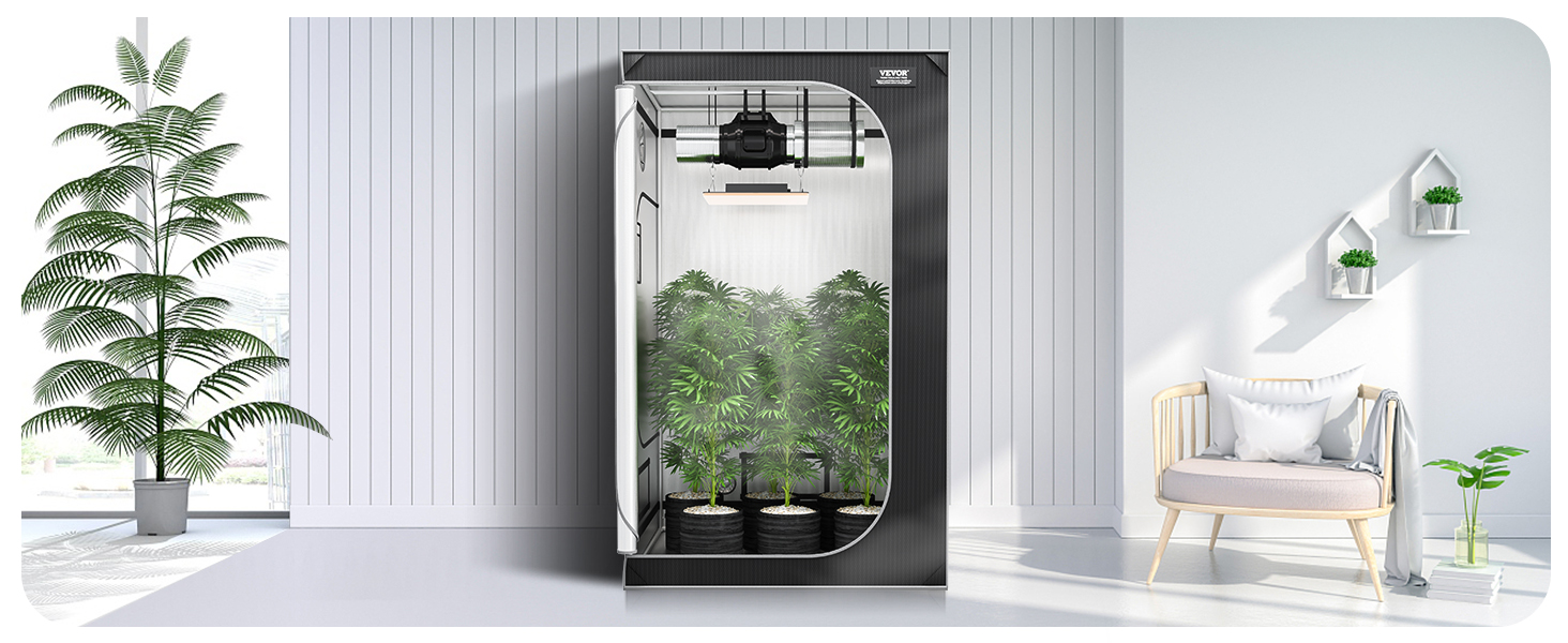 VEVOR grow tent in a modern room with indoor plants, white walls, and minimalist furniture.