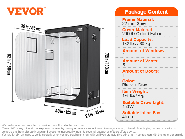 VEVOR grow tent with steel frame, oxford fabric, 5 vents, 1 window, black+gray, dimensions: 48x24x72 in.