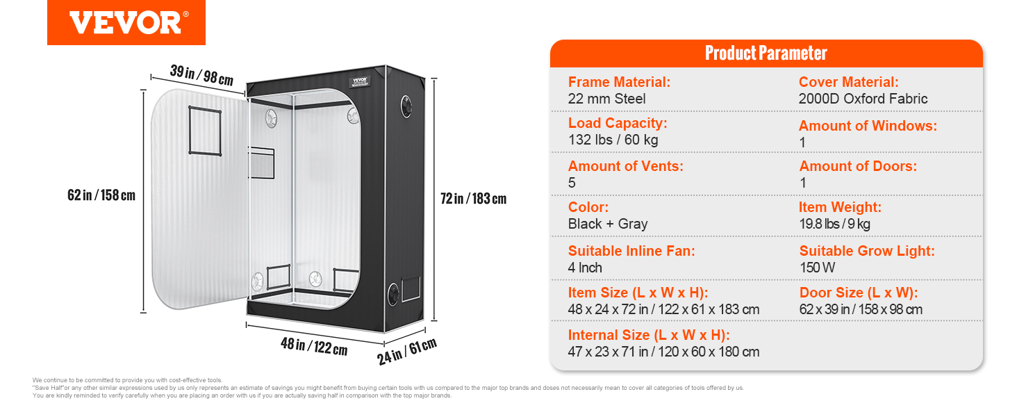 VEVOR grow tent with steel frame, oxford fabric, 5 vents, 1 window, black+gray, dimensions: 48x24x72 in.