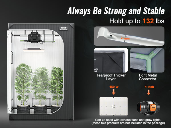 Палатка VEVOR grow с растениями, каркасом 22 мм, непромокаемым слоем, герметичными разъемами, мощностью 150 Вт и 4-дюймовым вентилятором.
