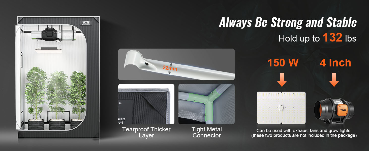 Палатка VEVOR grow с растениями, каркасом 22 мм, непромокаемым слоем, герметичными разъемами, мощностью 150 Вт и 4-дюймовым вентилятором.