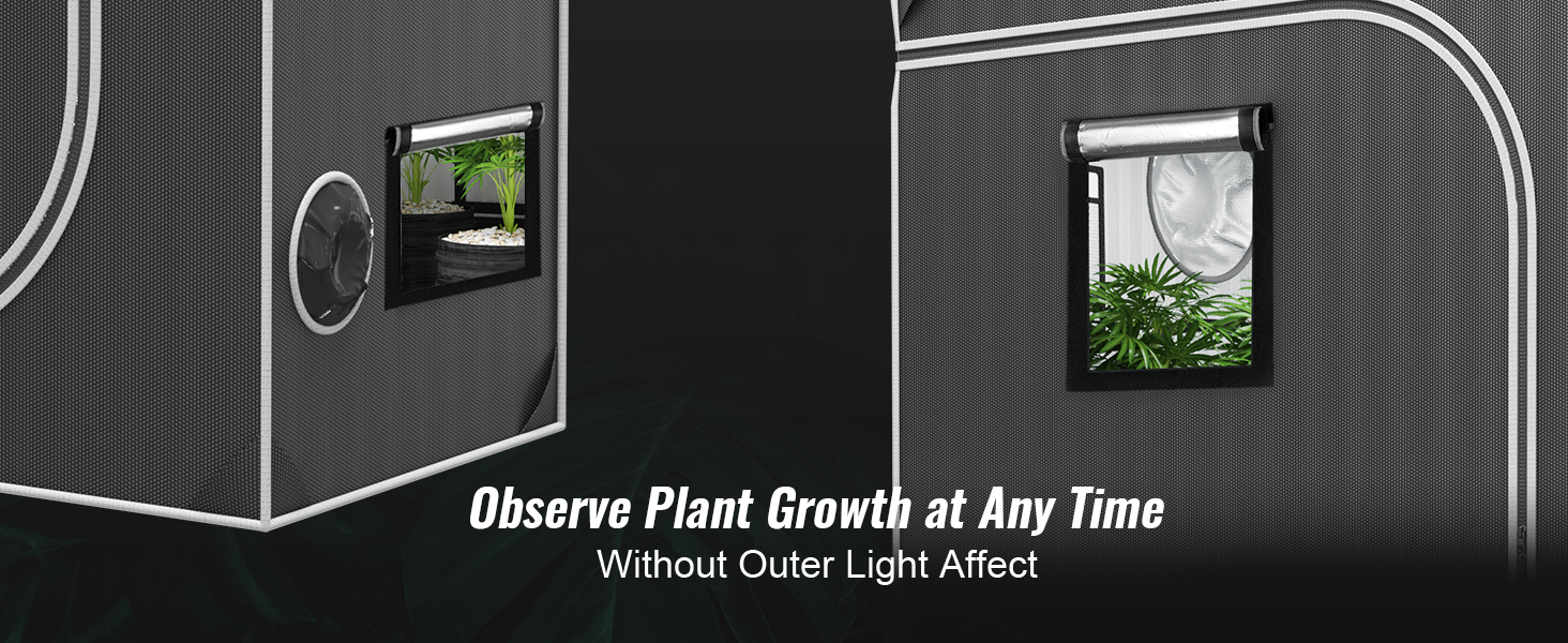 VEVOR выращивает палатку с обзорными окнами и растениями внутри, гарантируя, что внешний свет не влияет на рост.