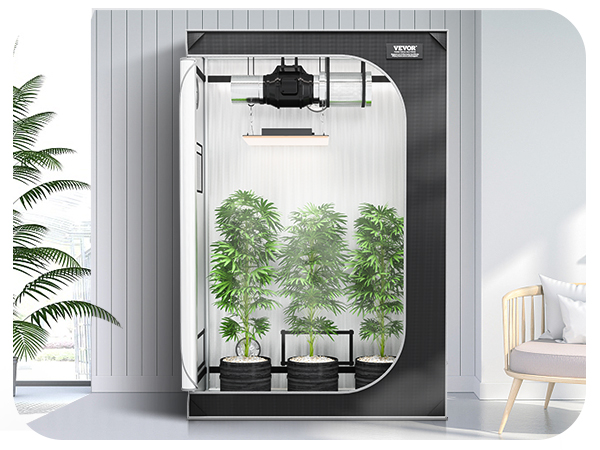 Палатка VEVOR grow с растениями, внутренним убранством, белым стулом, растением в горшке и декором стен.