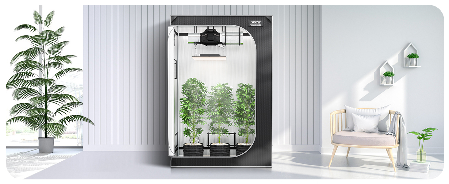 Палатка VEVOR grow с растениями, внутренним убранством, белым стулом, растением в горшке и декором стен.