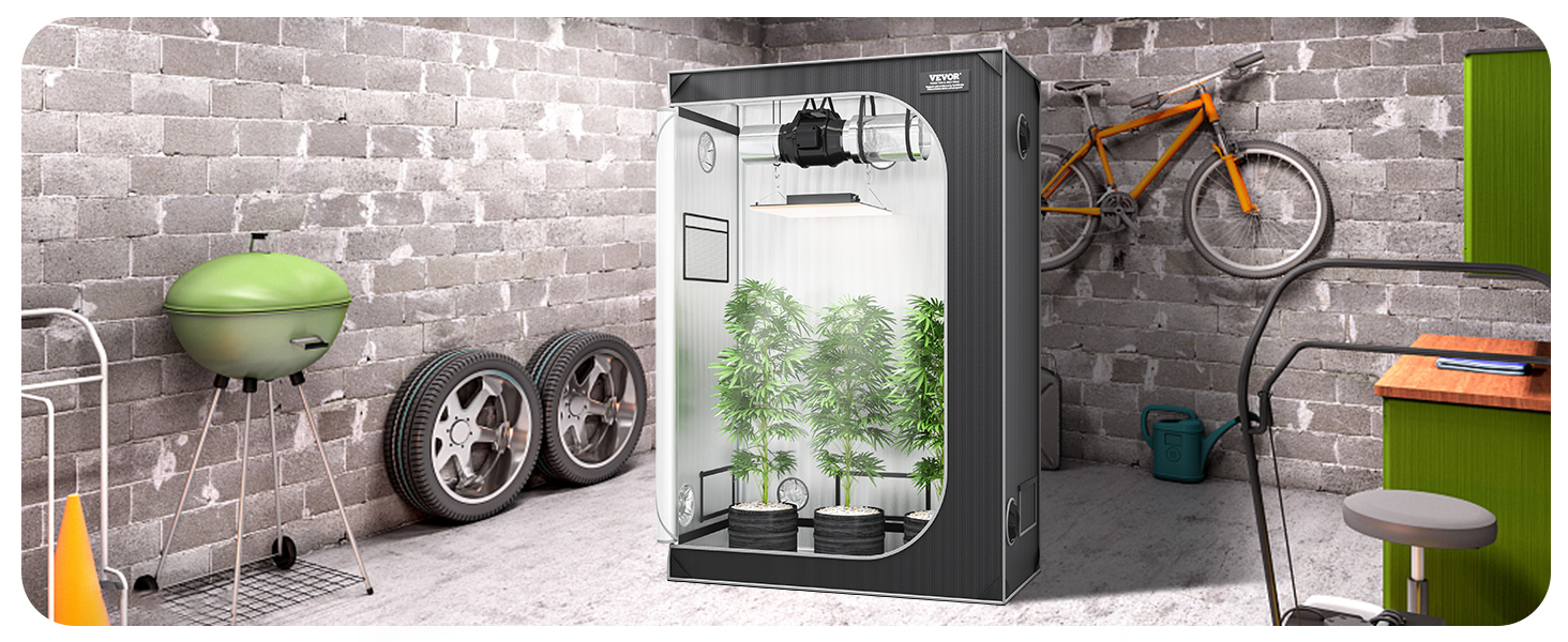 VEVOR выращивает палатку в гараже с растениями внутри, рядом с зеленым грилем, запасными шинами и оранжевым велосипедом.