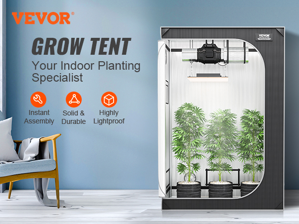 VEVOR grow tent with plants, highlighting instant assembly, solid durability, and high lightproof features.