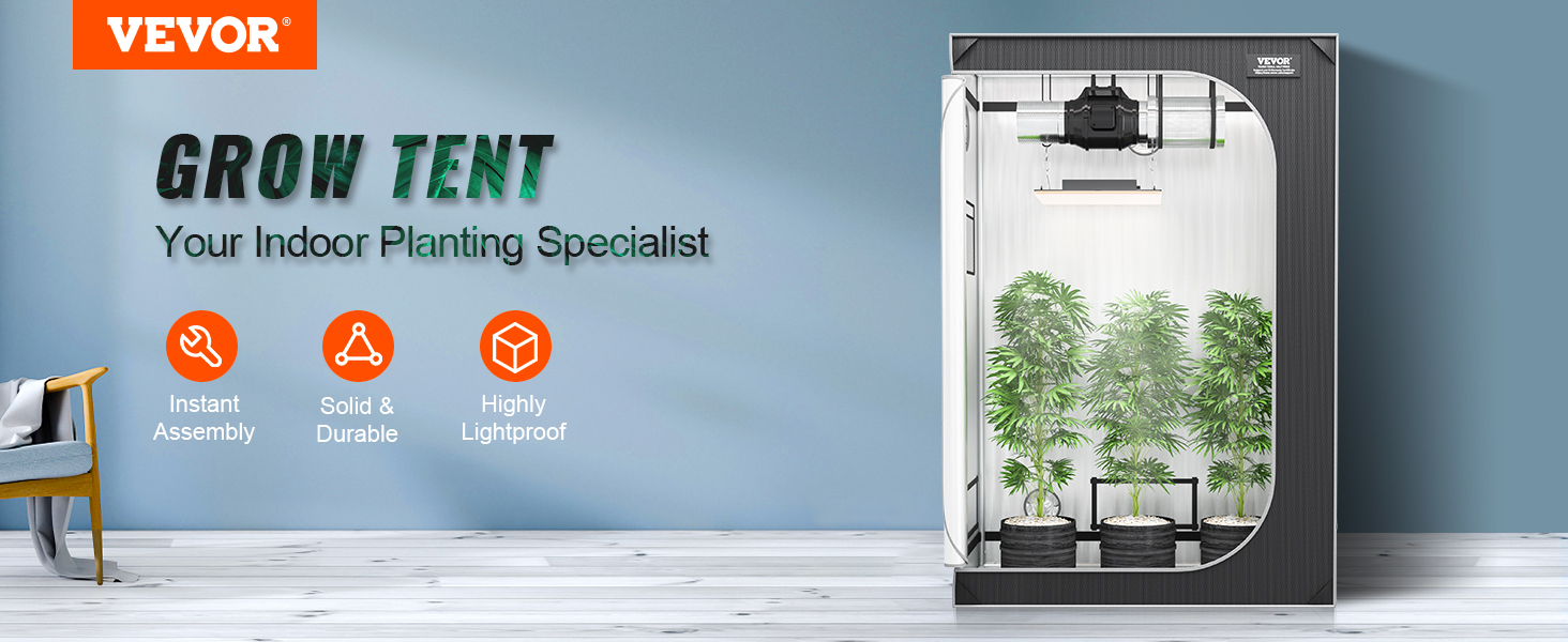 VEVOR grow tent with plants, highlighting instant assembly, solid durability, and high lightproof features.