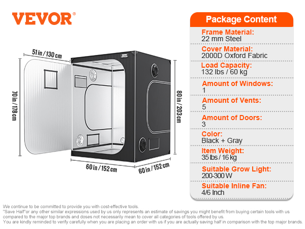 VEVOR grow tent specifications including dimensions, frame material, load capacity, vents, doors, and more.