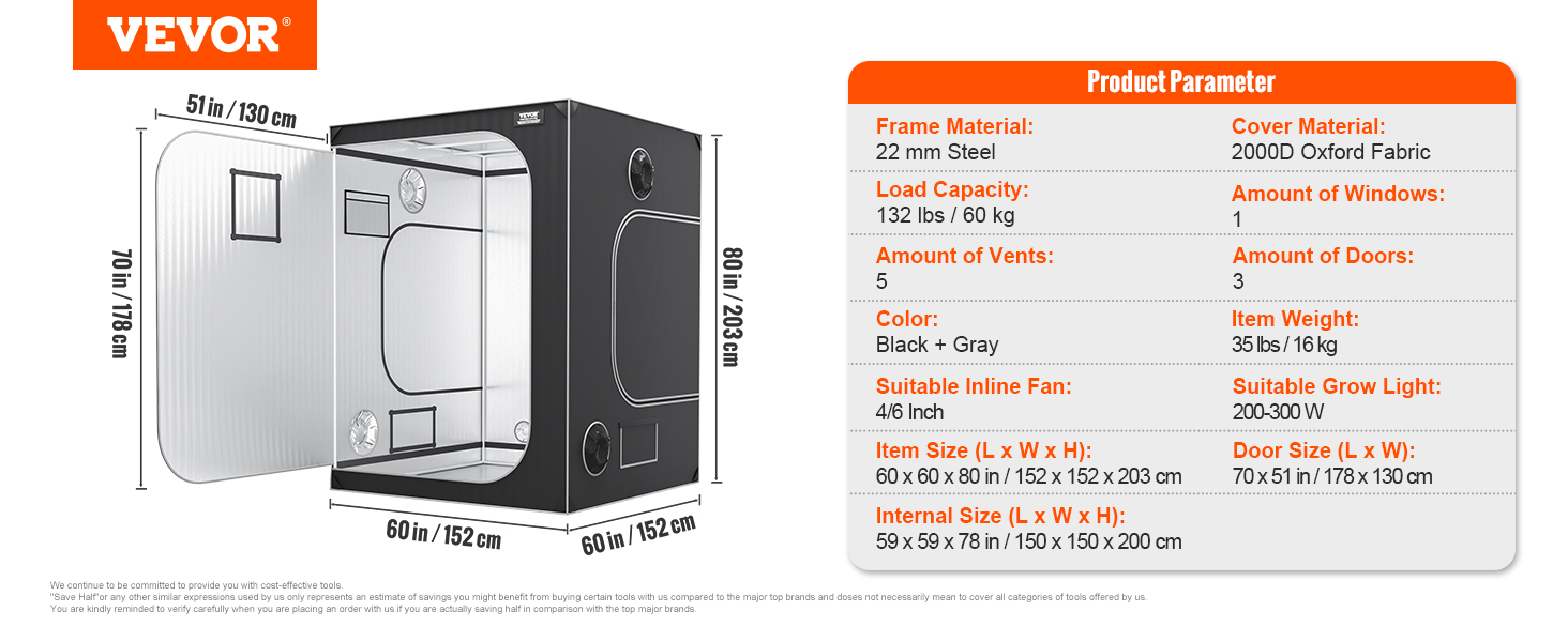 VEVOR grow tent specifications including dimensions, frame material, load capacity, vents, doors, and more.