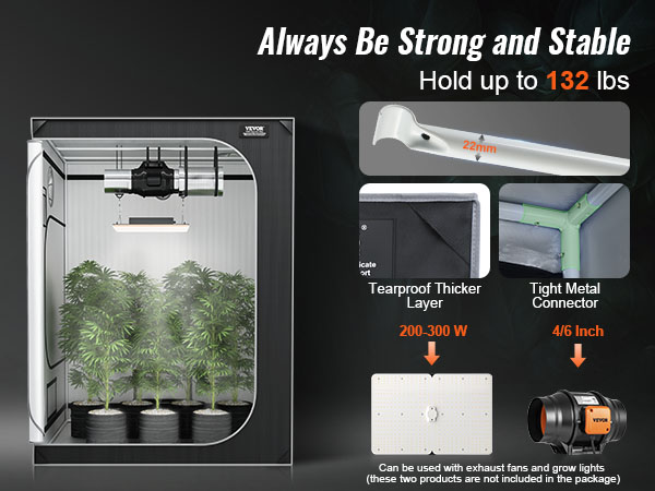 VEVOR grow tent showcasing tear-proof thicker layer, metal connectors, and plant setup under grow light.