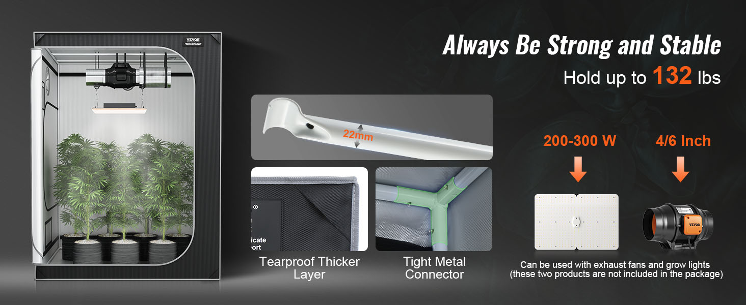VEVOR grow tent showcasing tear-proof thicker layer, metal connectors, and plant setup under grow light.