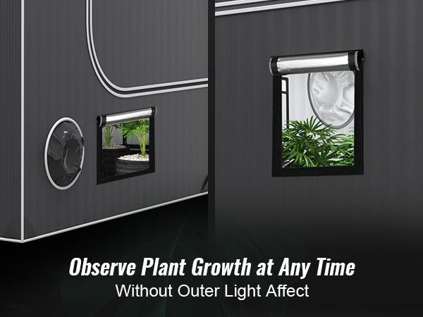 VEVOR grow tent with windows for observing plant growth, black exterior, and white trim.