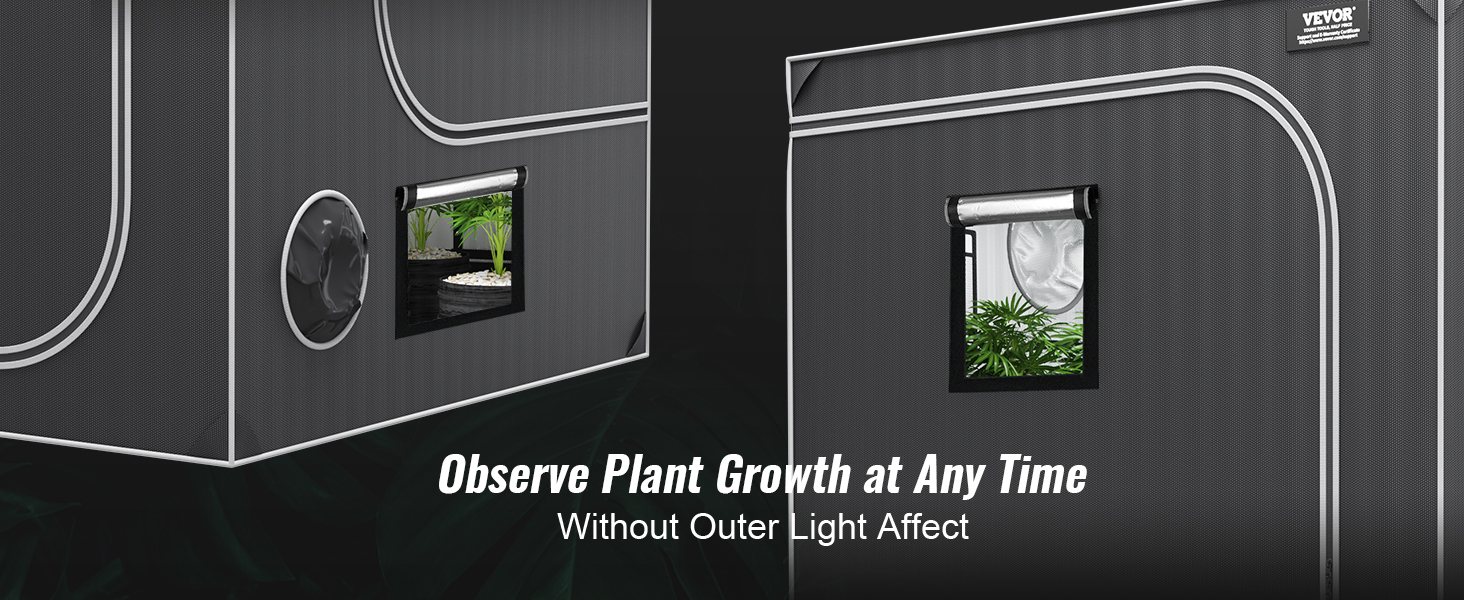 VEVOR grow tent with windows for observing plant growth, black exterior, and white trim.