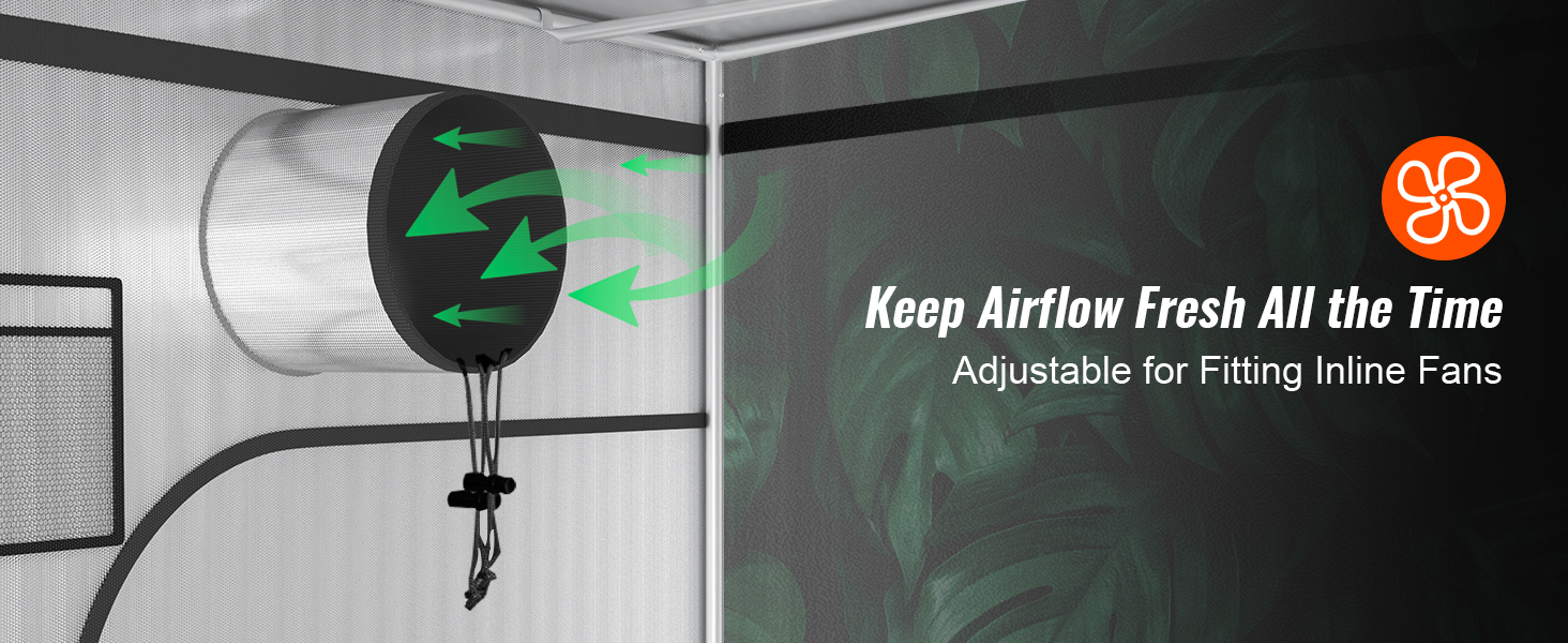 keep airflow fresh inside VEVOR grow tent with adjustable inline fan fitting for optimal ventilation.