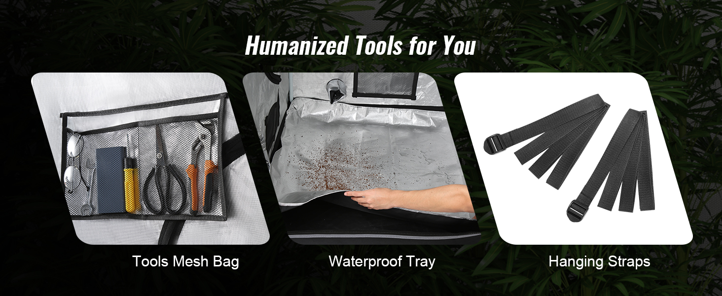 tools mesh bag, waterproof tray, and hanging straps included with VEVOR grow tent for convenient use.