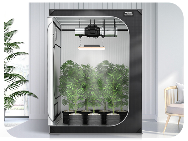 VEVOR grow tent in a modern room with potted plants and a cozy chair with cushions.