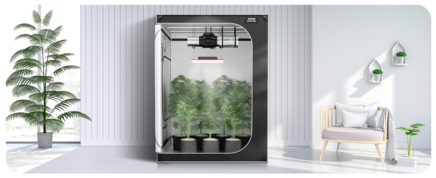 VEVOR grow tent in a modern room with potted plants and a cozy chair with cushions.