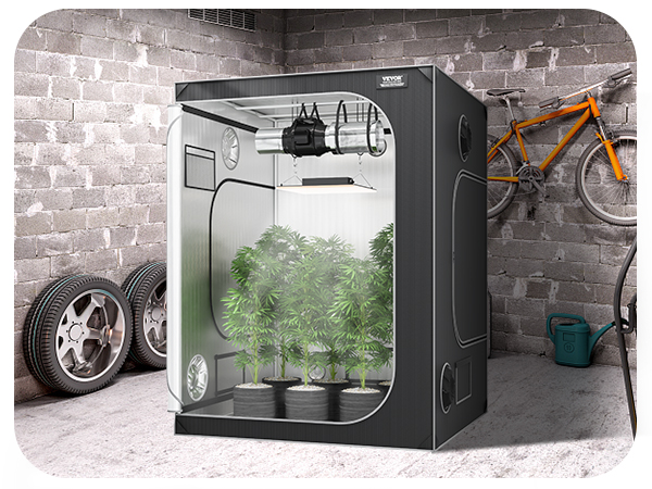 VEVOR grow tent with plants in a garage setting, featuring a bike, grill, and shelves.