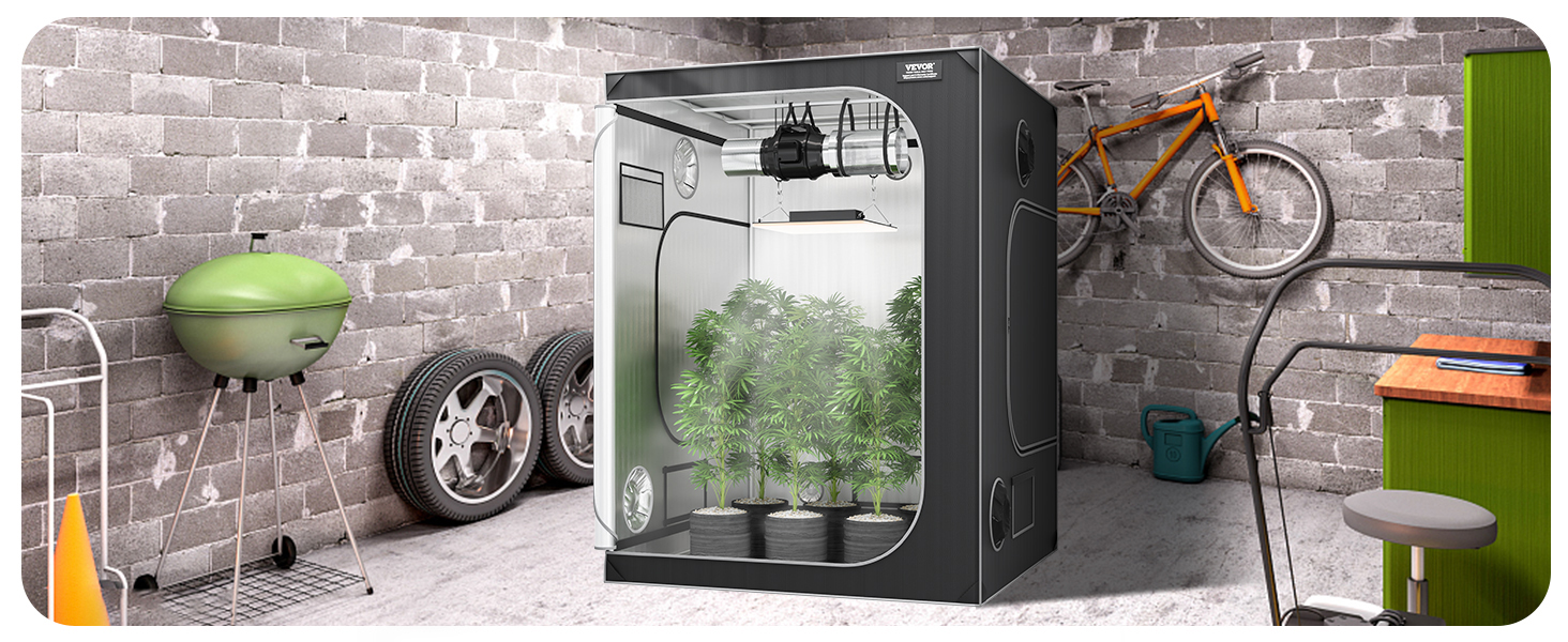 VEVOR grow tent with plants in a garage setting, featuring a bike, grill, and shelves.