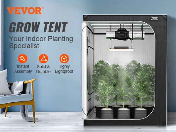 VEVOR grow tent setup for indoor planting with led light, ventilation, and potted plants inside.