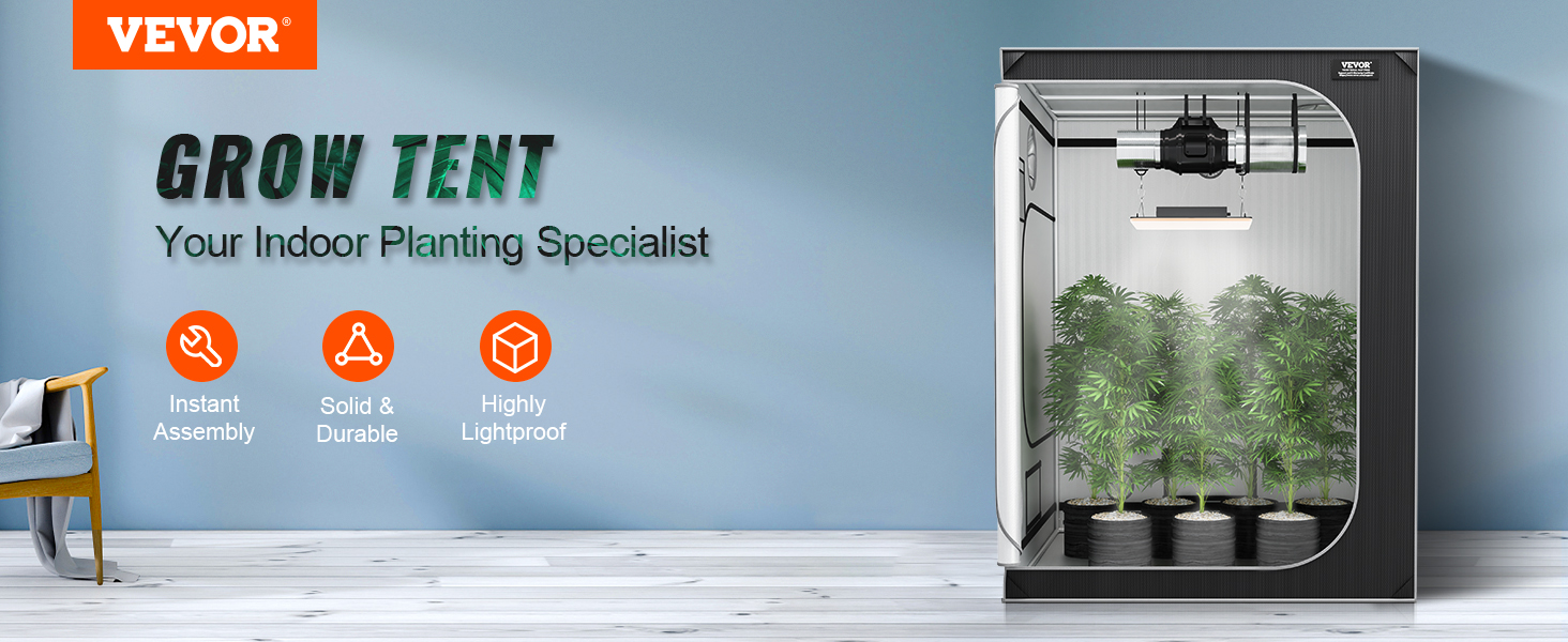 VEVOR grow tent setup for indoor planting with led light, ventilation, and potted plants inside.
