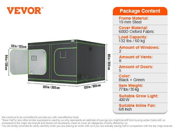 VEVOR grow tent dimensions and specs: 120x80x60 inches, 5 vents, 3 doors, black and gray, steel frame.