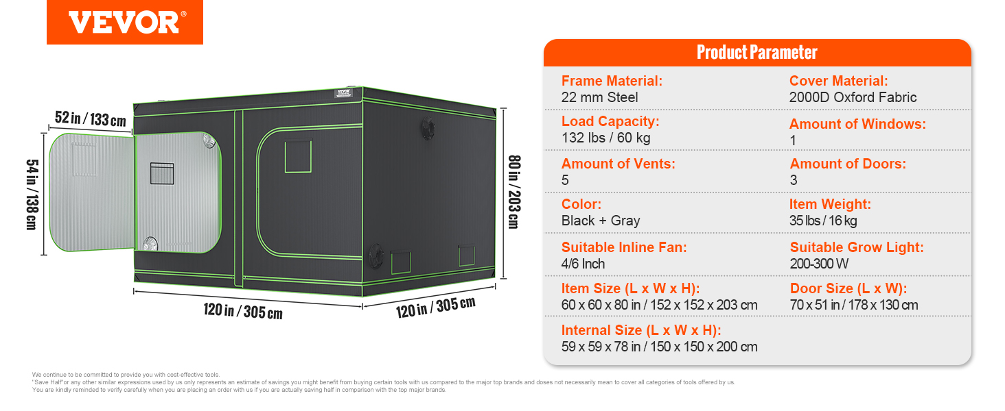 VEVOR grow tent dimensions and specs: 120x80x60 inches, 5 vents, 3 doors, black and gray, steel frame.