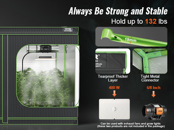 VEVOR grow tent featuring tearproof thicker layer, tight metal connector, and 400w grow lights.
