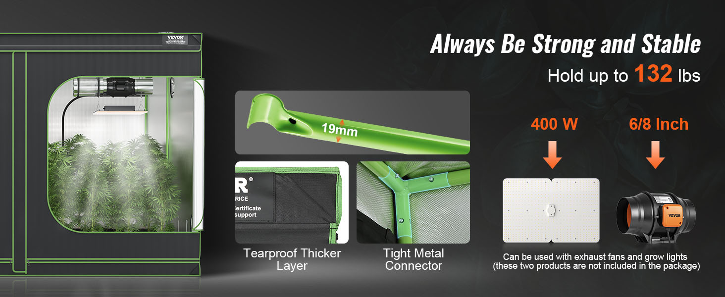 VEVOR grow tent featuring tearproof thicker layer, tight metal connector, and 400w grow lights.